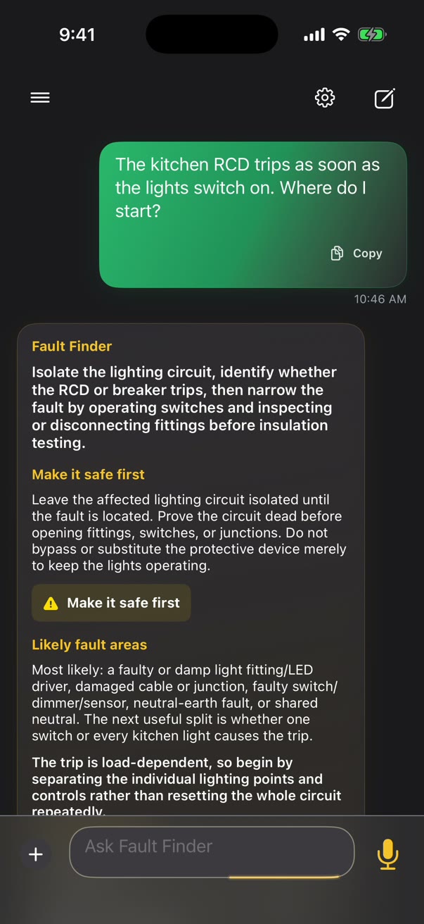 Fault Finder answer with safety steps and likely fault areas for a tripping RCD
