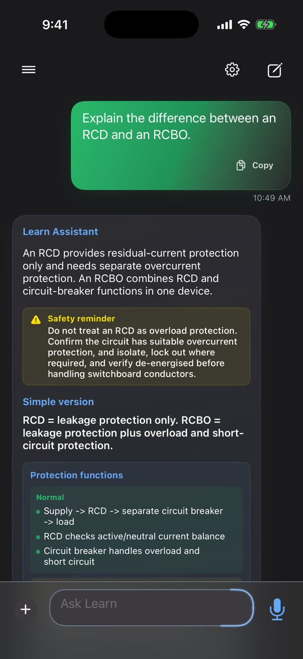 Learn mode explaining the difference between an RCD and an RCBO